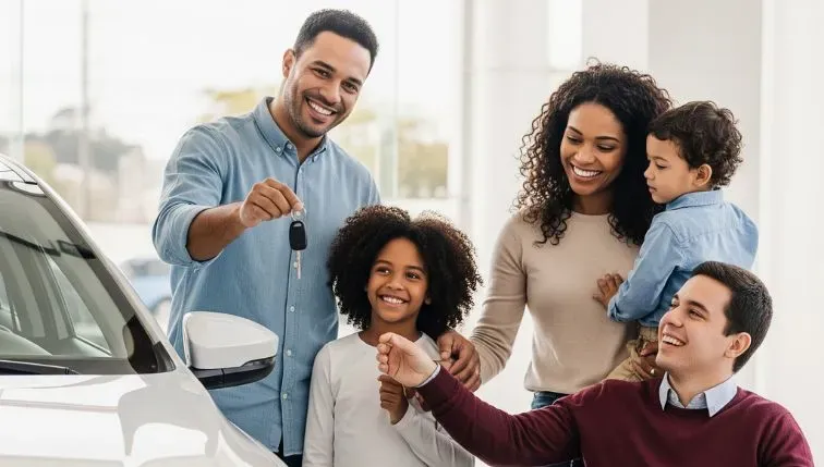 Família recebendo as chaves do carro 0km com isenção de IPVA